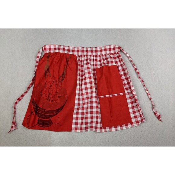 VINTAGE WOMEN'S RED PLAID HALF APRON - FRUIT BOWL - POCKETS - Picture 1 of 16